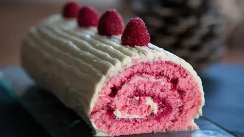 Bûche de noël au mascarpone chocolat blanc et framboises