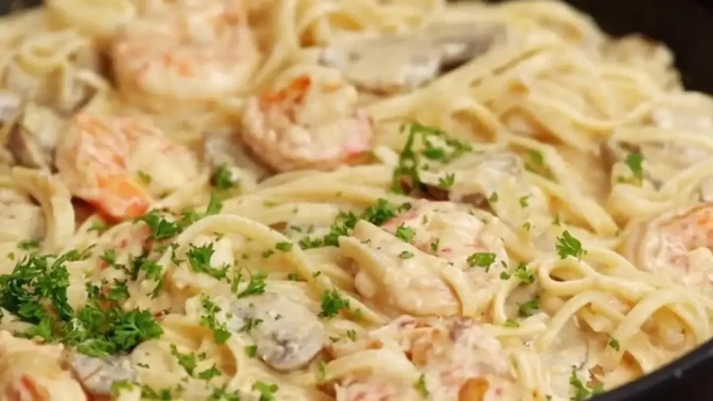 Linguines aux crevettes et champignons nappées d’une sauce à la crème au parmesan à l’ail