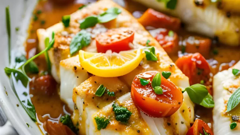 Cabillaud Doré à la Poêle, Accompagné d'une Sauce Tomate, Basilic et Vin Blanc